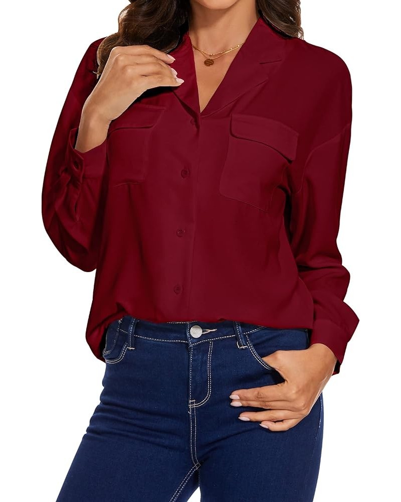 Womens Button Down Shirts Long Sleeve Casual Chiffon Blouses Loose Pleated Collared Work Office Tops Wine Shirts $13.76 Blouses