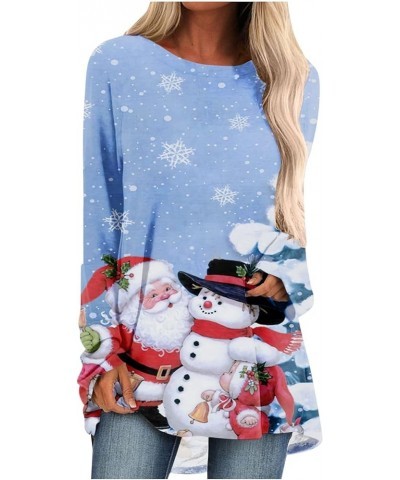 Christmas Tunic Tops for Women Long Sleeve Christmas Tree Print Pullover Round Neck Loose Oversized Shirts Blouses 04 Light B...