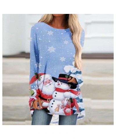 Christmas Tunic Tops for Women Long Sleeve Christmas Tree Print Pullover Round Neck Loose Oversized Shirts Blouses 04 Light B...