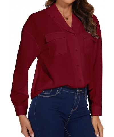 Womens Button Down Shirts Long Sleeve Casual Chiffon Blouses Loose Pleated Collared Work Office Tops Wine Shirts $13.76 Blouses