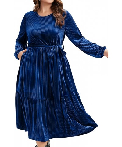 Women's Plus Size Long Sleeve Velvet Midi Dress Casual Velour Crew Neck A Line Tiered Dresses for Wedding Guest Navy-blue $22...