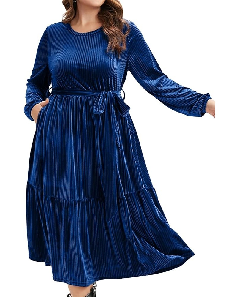 Women's Plus Size Long Sleeve Velvet Midi Dress Casual Velour Crew Neck A Line Tiered Dresses for Wedding Guest Navy-blue $22...