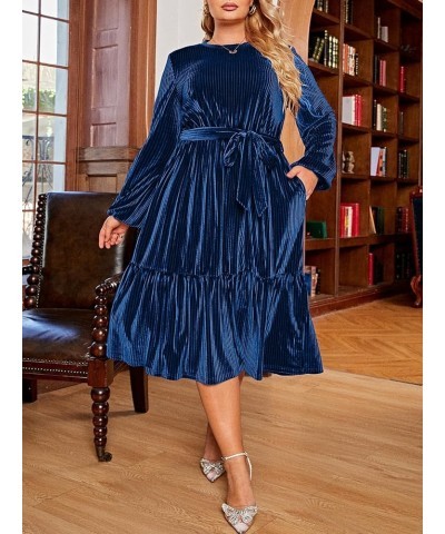 Women's Plus Size Long Sleeve Velvet Midi Dress Casual Velour Crew Neck A Line Tiered Dresses for Wedding Guest Navy-blue $22...