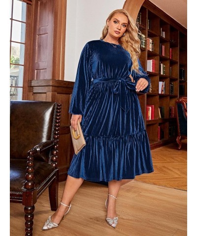 Women's Plus Size Long Sleeve Velvet Midi Dress Casual Velour Crew Neck A Line Tiered Dresses for Wedding Guest Navy-blue $22...