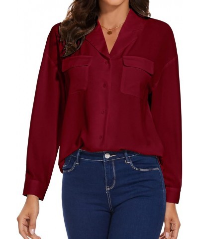 Womens Button Down Shirts Long Sleeve Casual Chiffon Blouses Loose Pleated Collared Work Office Tops Wine Shirts $13.76 Blouses