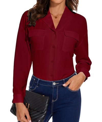 Womens Button Down Shirts Long Sleeve Casual Chiffon Blouses Loose Pleated Collared Work Office Tops Wine Shirts $13.76 Blouses