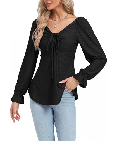 Women's Casual V Neck Ruffle Trim Long Sleeve Ruched Drawstring Front Blouse Shirt Top Black $17.15 Blouses