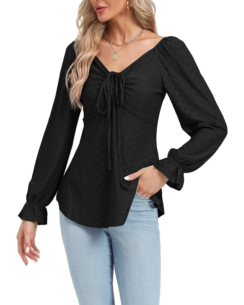 Women's Casual V Neck Ruffle Trim Long Sleeve Ruched Drawstring Front Blouse Shirt Top Black $17.15 Blouses