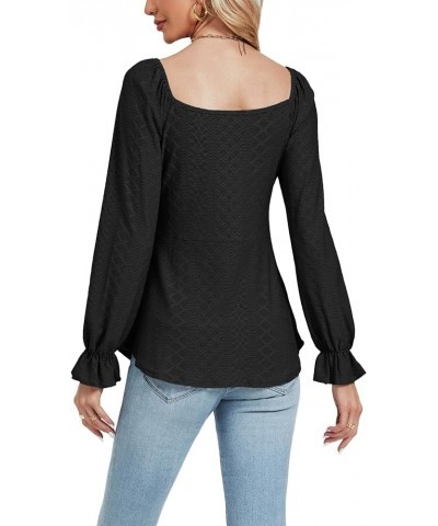 Women's Casual V Neck Ruffle Trim Long Sleeve Ruched Drawstring Front Blouse Shirt Top Black $17.15 Blouses