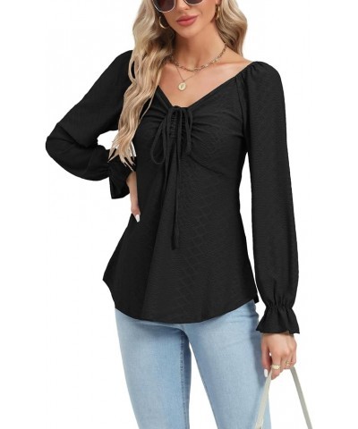 Women's Casual V Neck Ruffle Trim Long Sleeve Ruched Drawstring Front Blouse Shirt Top Black $17.15 Blouses