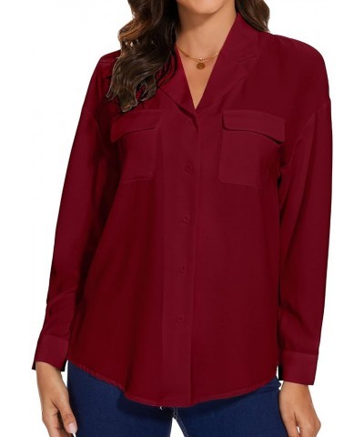 Womens Button Down Shirts Long Sleeve Casual Chiffon Blouses Loose Pleated Collared Work Office Tops Wine Shirts $13.76 Blouses