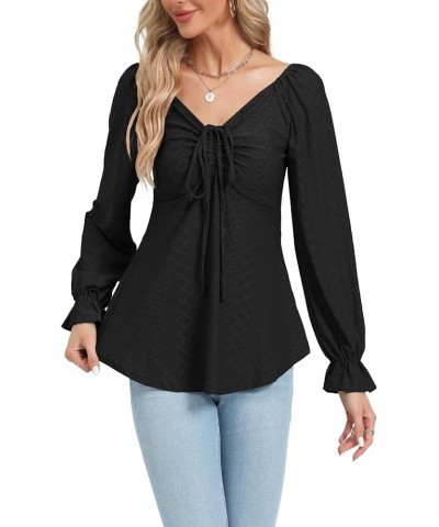 Women's Casual V Neck Ruffle Trim Long Sleeve Ruched Drawstring Front Blouse Shirt Top Black $17.15 Blouses