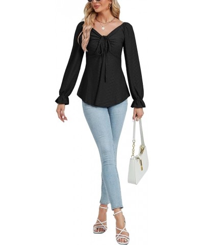 Women's Casual V Neck Ruffle Trim Long Sleeve Ruched Drawstring Front Blouse Shirt Top Black $17.15 Blouses