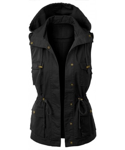 Women's Military Anorak Cargo Vest Casual Zip Up Drawstring Waist Sleeveless Hooded Jackets with Pockets Black $21.59 Vests