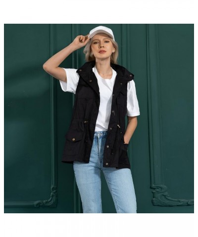 Women's Military Anorak Cargo Vest Casual Zip Up Drawstring Waist Sleeveless Hooded Jackets with Pockets Black $21.59 Vests