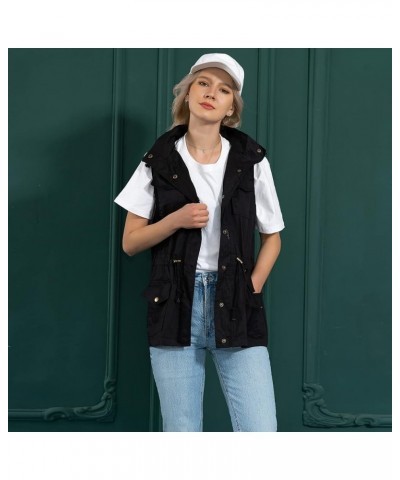 Women's Military Anorak Cargo Vest Casual Zip Up Drawstring Waist Sleeveless Hooded Jackets with Pockets Black $21.59 Vests