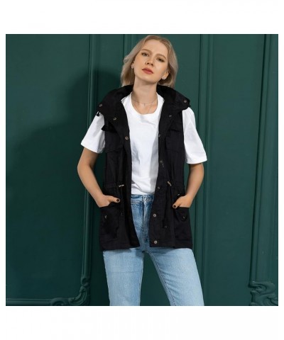 Women's Military Anorak Cargo Vest Casual Zip Up Drawstring Waist Sleeveless Hooded Jackets with Pockets Black $21.59 Vests