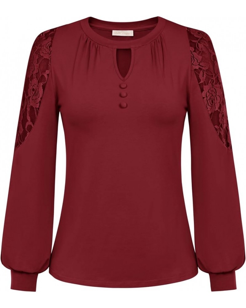 Long Sleeve Blouse with Lace for Women Keyhole Round Neck Office Shirt Vintage Work Professional Casual Tops Burgundy $7.94 B...