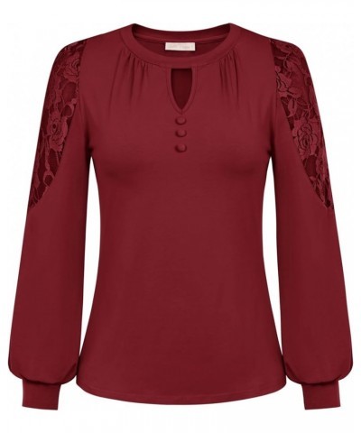 Long Sleeve Blouse with Lace for Women Keyhole Round Neck Office Shirt Vintage Work Professional Casual Tops Burgundy $7.94 B...