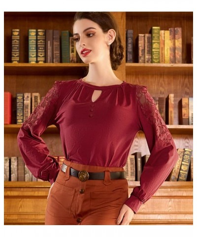 Long Sleeve Blouse with Lace for Women Keyhole Round Neck Office Shirt Vintage Work Professional Casual Tops Burgundy $7.94 B...