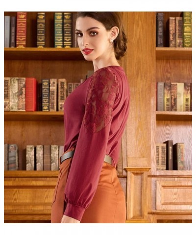 Long Sleeve Blouse with Lace for Women Keyhole Round Neck Office Shirt Vintage Work Professional Casual Tops Burgundy $7.94 B...