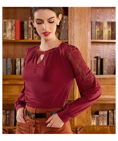 Long Sleeve Blouse with Lace for Women Keyhole Round Neck Office Shirt Vintage Work Professional Casual Tops Burgundy $7.94 B...