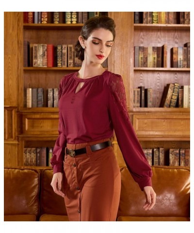 Long Sleeve Blouse with Lace for Women Keyhole Round Neck Office Shirt Vintage Work Professional Casual Tops Burgundy $7.94 B...