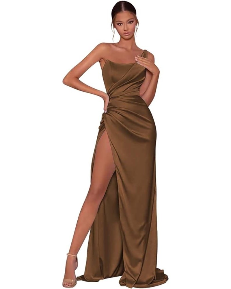 Women's One Shoulder Prom Dresses Long with Slit Pleated Satin Mermaid Bridesmaid Dress FN009 Brown $27.53 Dresses