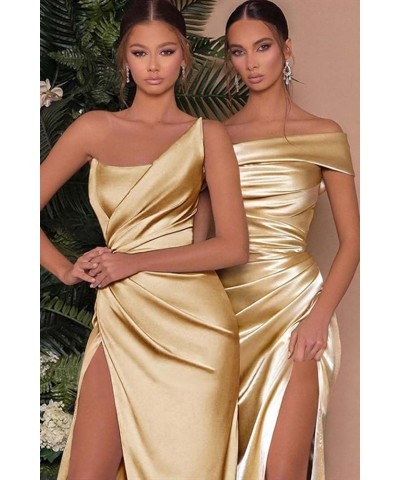 Women's One Shoulder Prom Dresses Long with Slit Pleated Satin Mermaid Bridesmaid Dress FN009 Brown $27.53 Dresses