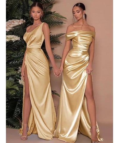 Women's One Shoulder Prom Dresses Long with Slit Pleated Satin Mermaid Bridesmaid Dress FN009 Brown $27.53 Dresses