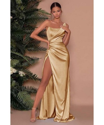 Women's One Shoulder Prom Dresses Long with Slit Pleated Satin Mermaid Bridesmaid Dress FN009 Brown $27.53 Dresses