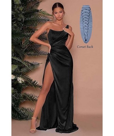 Women's One Shoulder Prom Dresses Long with Slit Pleated Satin Mermaid Bridesmaid Dress FN009 Brown $27.53 Dresses