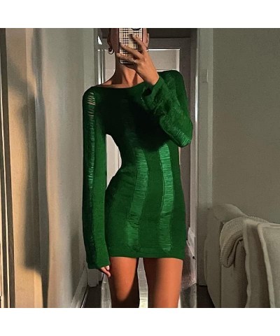 Women Sexy Mini Dress Knit Mesh Cut Out Dress Backless Long Sleeve Ripped Bodycon Indie Girls Party Dress Green $10.25 Dresses