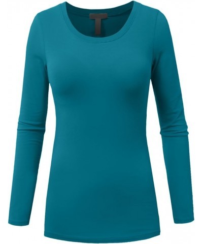 Womens Light Weight Basic Long Sleeve Round Crew Neck Casual T Shirt Teal $8.54 T-Shirts