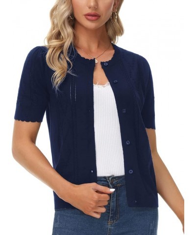 Women Vintage Short Sleeve Bolero Cardigan Casual Elegant Button Up Shrug Sweater for Dresses Tops Navy Blue $13.53 Sweaters