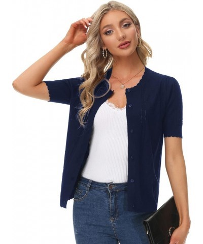 Women Vintage Short Sleeve Bolero Cardigan Casual Elegant Button Up Shrug Sweater for Dresses Tops Navy Blue $13.53 Sweaters