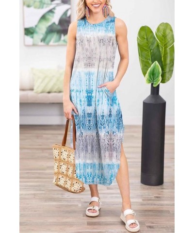 Womens Summer Short Sleeve Maxi Dress Casual Loose Tie Dye V Neck Split Long Tshirt Beach Dresses with Pockets B-bluegray $12...