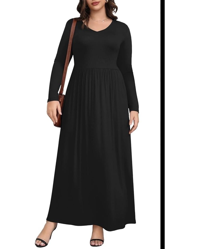 Womens Plus Size Maxi Dresses Long Sleeve Casual V Neck 2023 Fall Winter Soft Loose Fit T-Shirt Dress with Pockets A1-black $...