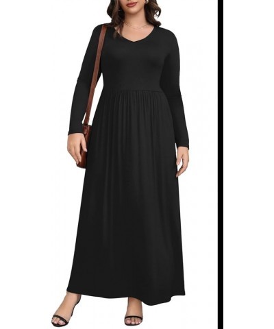 Womens Plus Size Maxi Dresses Long Sleeve Casual V Neck 2023 Fall Winter Soft Loose Fit T-Shirt Dress with Pockets A1-black $...