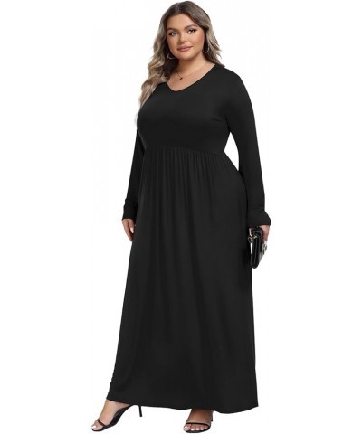 Womens Plus Size Maxi Dresses Long Sleeve Casual V Neck 2023 Fall Winter Soft Loose Fit T-Shirt Dress with Pockets A1-black $...