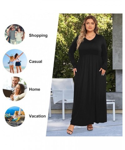 Womens Plus Size Maxi Dresses Long Sleeve Casual V Neck 2023 Fall Winter Soft Loose Fit T-Shirt Dress with Pockets A1-black $...