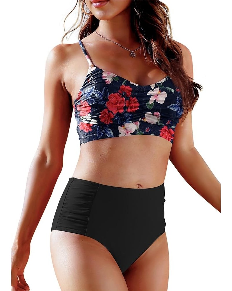 Women's Two Piece Swimsuits High Waist Retro Vintage Bikini Swimwear Ruched Tummy Control Bathing Suit Plus Size Pink Floral ...