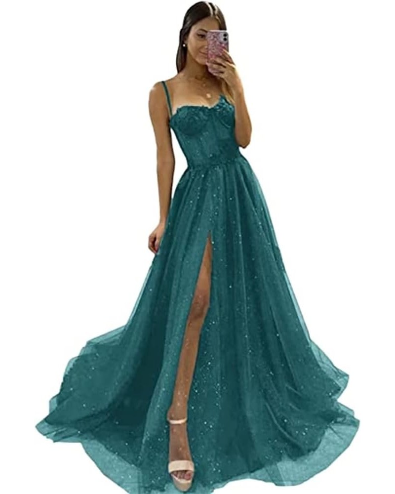 Tulle Prom Dresses Sparkly Spaghetti Straps Sparkly Sequin Evening Dress for Women with Slit Teal $43.34 Dresses