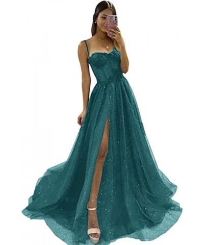 Tulle Prom Dresses Sparkly Spaghetti Straps Sparkly Sequin Evening Dress for Women with Slit Teal $43.34 Dresses