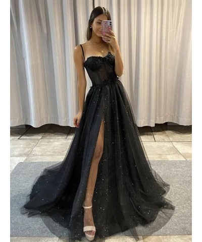 Tulle Prom Dresses Sparkly Spaghetti Straps Sparkly Sequin Evening Dress for Women with Slit Teal $43.34 Dresses