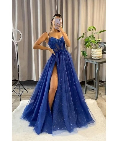 Tulle Prom Dresses Sparkly Spaghetti Straps Sparkly Sequin Evening Dress for Women with Slit Teal $43.34 Dresses