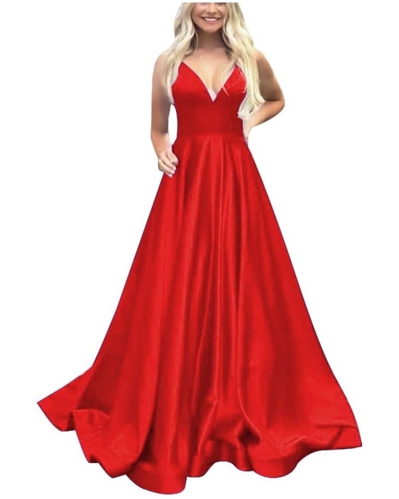 Satin Ball Gown Prom Dresses for Women with Pocket A Line Long Wedding Guest Dresses Evening Gown Red $34.05 Dresses