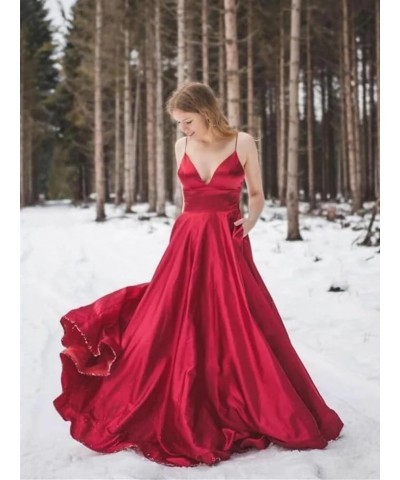 Satin Ball Gown Prom Dresses for Women with Pocket A Line Long Wedding Guest Dresses Evening Gown Red $34.05 Dresses