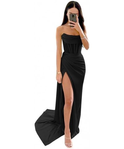 KNCERY Bridesmaid Dresses Satin Formal Dresses Strapless Evening Party Gown Long Prom Dresses with Slit Black $30.80 Dresses