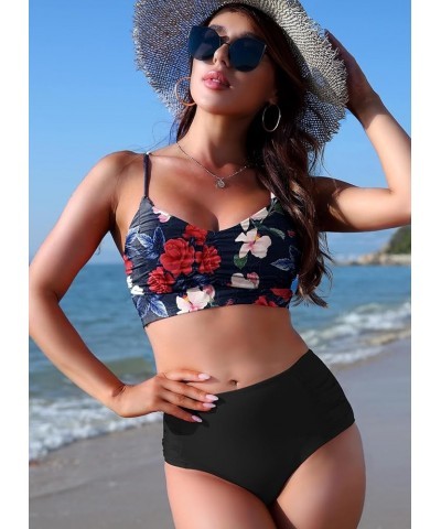 Women's Two Piece Swimsuits High Waist Retro Vintage Bikini Swimwear Ruched Tummy Control Bathing Suit Plus Size Pink Floral ...